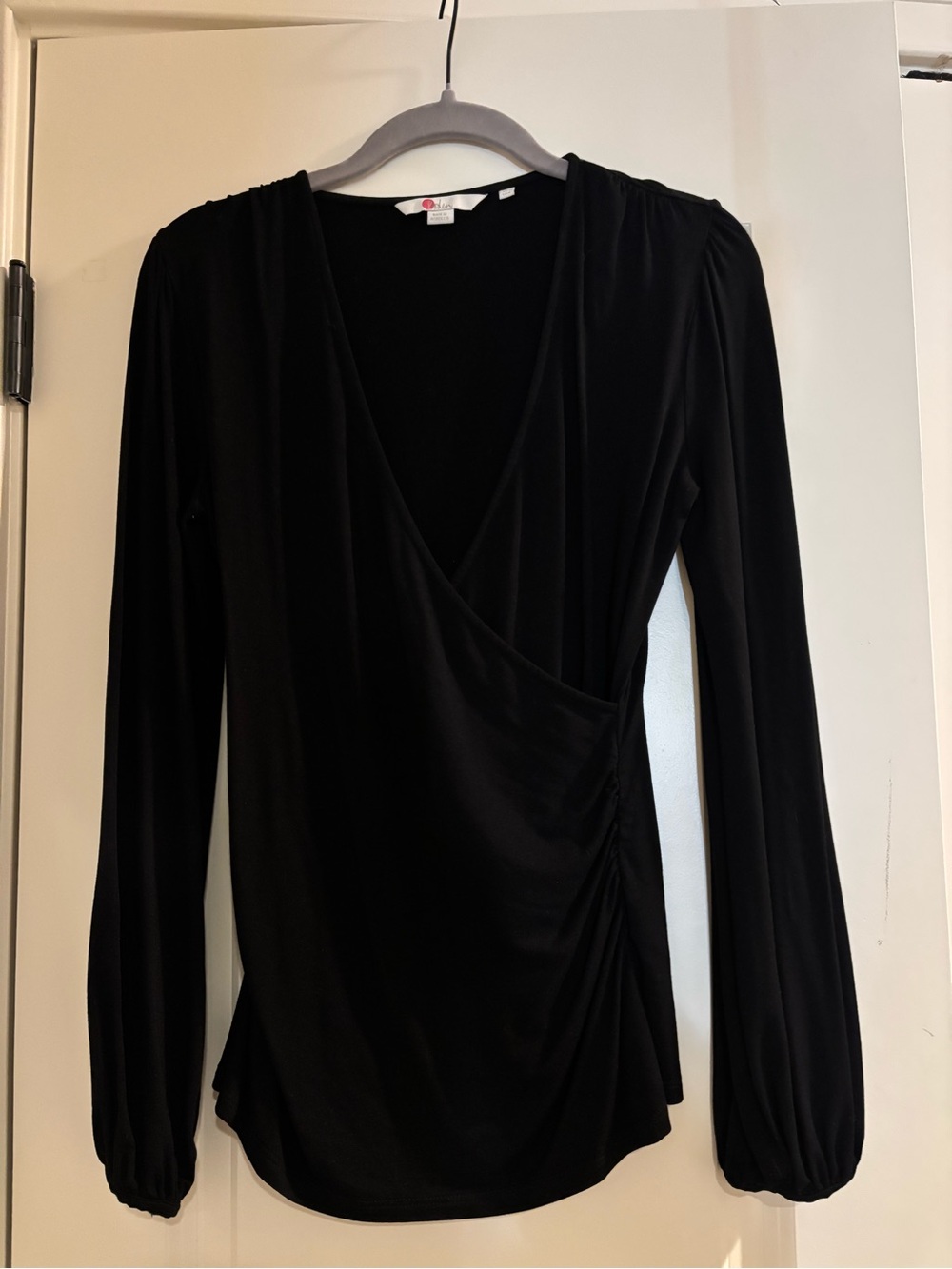 Boden Black Long-Sleeve Faux-Wrap Blouse